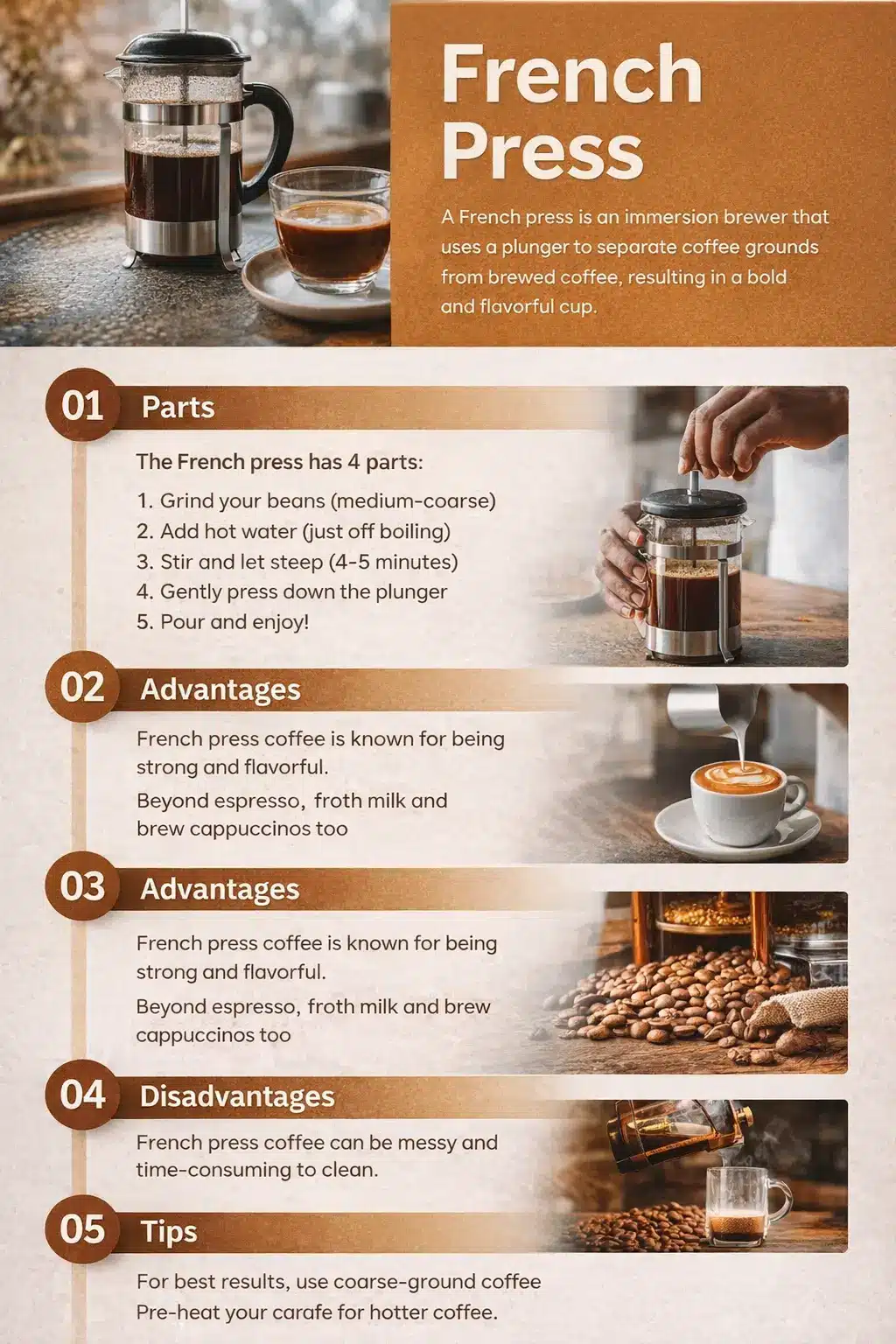 French press coffee infographic showing parts, brewing steps, advantages, disadvantages, and tips in a warm coffee-themed design.