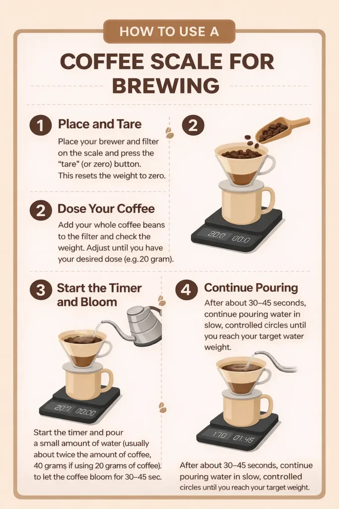 A step-by-step infographic showing how to use a coffee scale for brewing, including taring the scale, weighing coffee beans, blooming, and controlled pouring for accurate extraction.