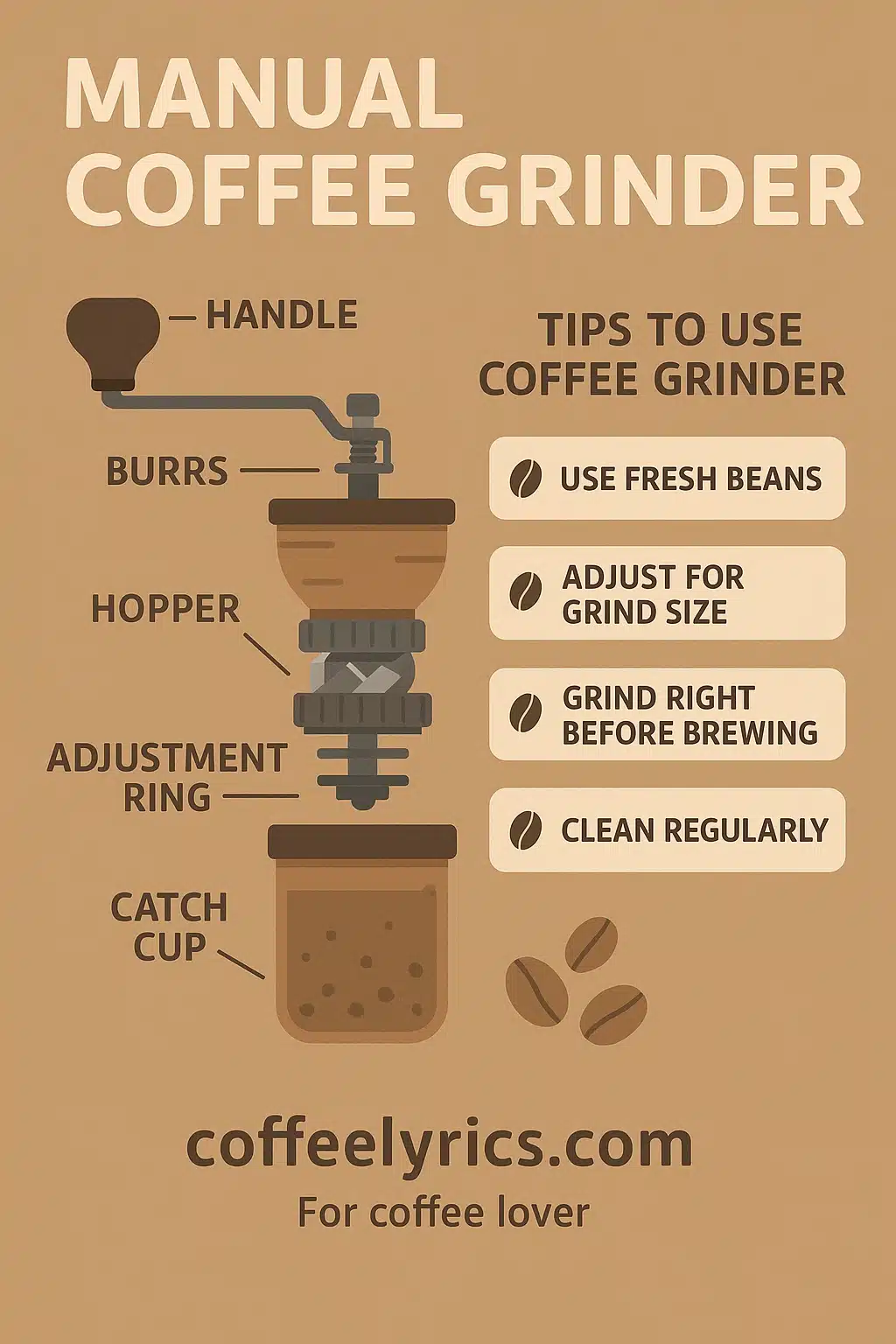 Infographic showing the parts of a manual coffee grinder, including handle, burrs, hopper, adjustment ring, and catch cup, with tips for using a coffee grinder.