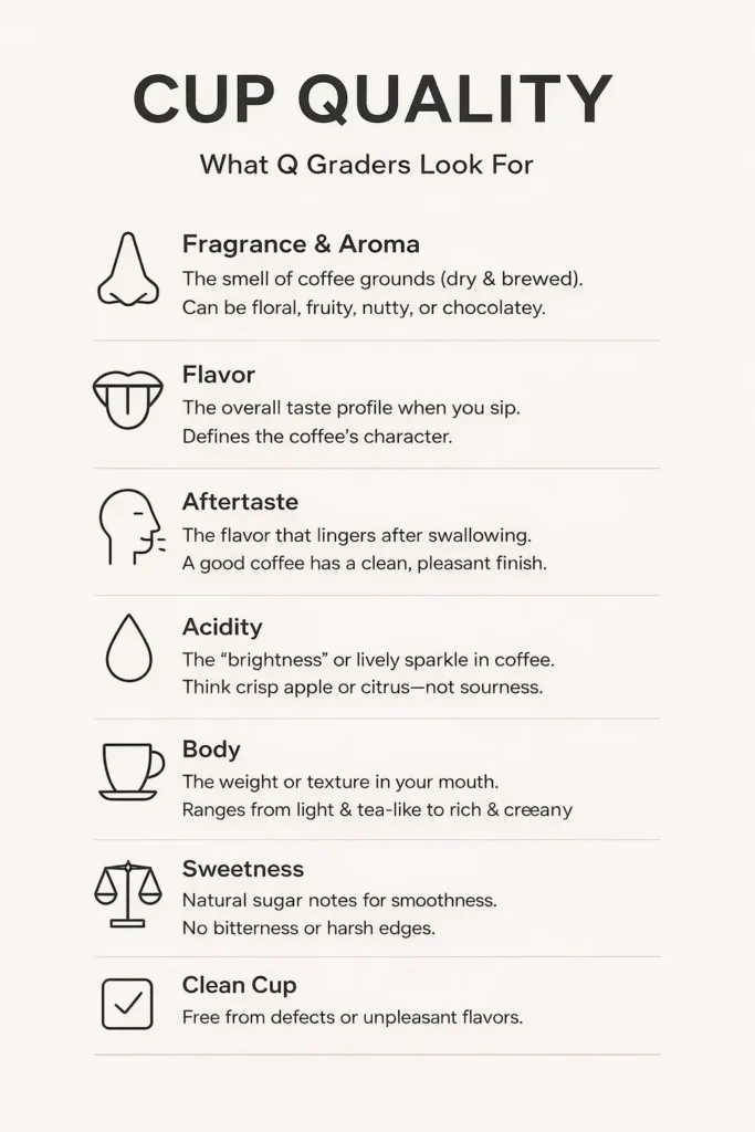 Infographic showing cup quality criteria evaluated by Q Graders, including fragrance and aroma, flavor, aftertaste, acidity, body, sweetness, and clean cup.