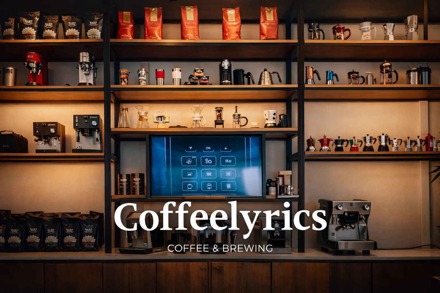 Coffee brewing equipment and espresso machines on shelves representing the CoffeeLyrics specialty coffee blog